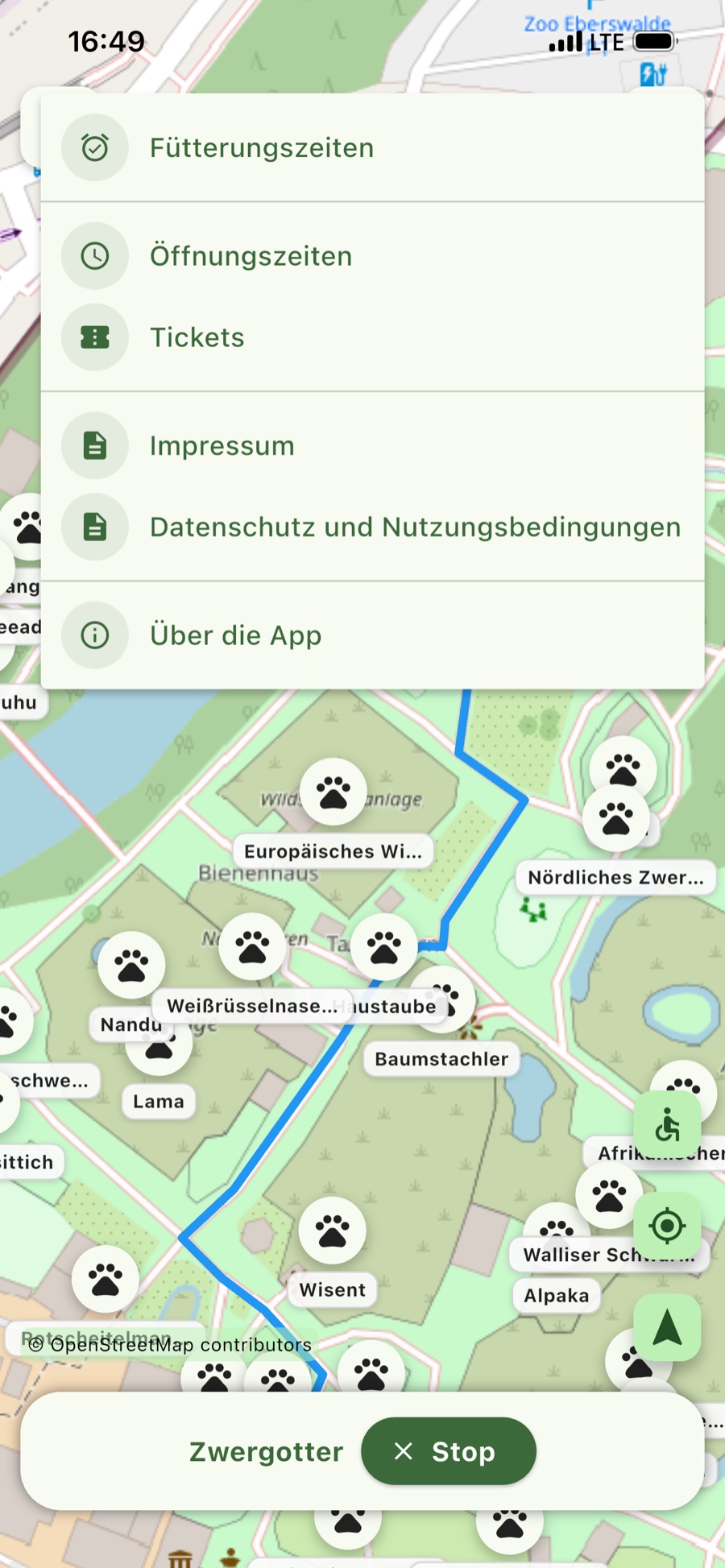 Menü – Fütterungszeiten, Öffnungszeiten und Tickets.